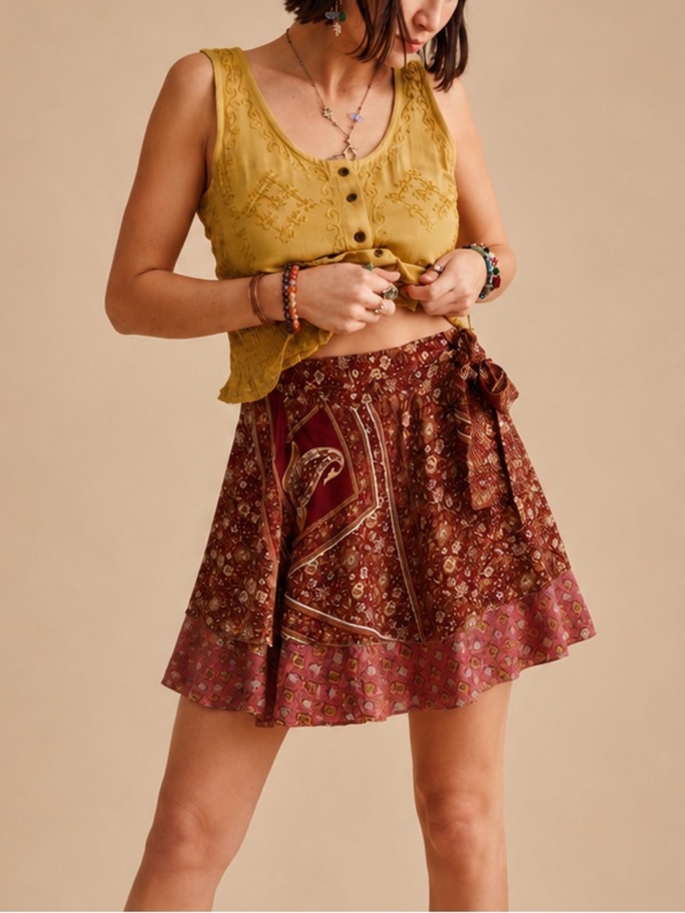Earthbound Reversible Lightweight Boho Wrap Skirt Paisley Mini Double Layer Mini